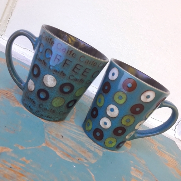 Vintage Mugs Coffee Cups Ceramic Teal Green Set of 2 Donuts Cheerios VTG - Picture 7 of 10